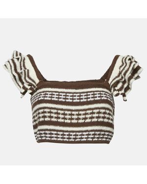 Tularosa Cotton Knit Ruffle Sleeve Crop Top - Blue