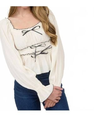 Blu Pepper Contrast Bow Ruffled Long Sleeve Blouse - Natural