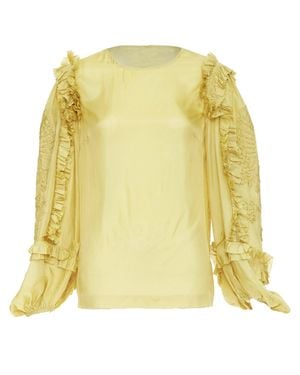 Dries Van Noten Silk Ruffle Applique Puff Sleeve Blouse - Yellow