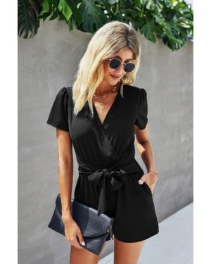 TRUEDAMES Stretch Belted Plunge Neck Wrap Knot Side Romper - Black