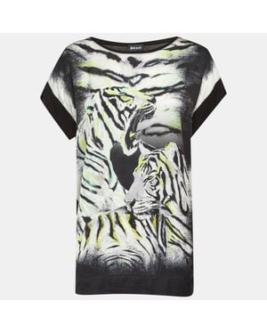 Just Cavalli Tiger Print Satin & Knit Crew Neck T-Shirt - Black