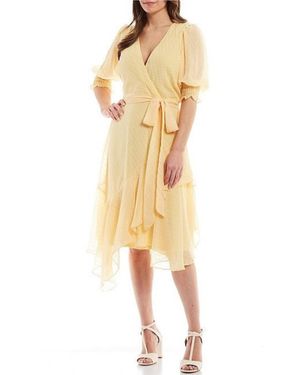 Maison Tara Short Puff Sleeve Wrap Midi Dress - Yellow