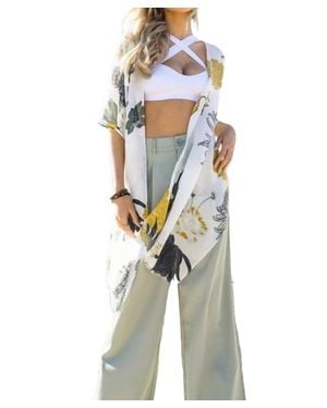 Leto Floral Motif Boho Festival Cover Up Kimono - Blue