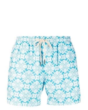 Peninsula Floral Swim Shorts With Braided Drawstring - Blue