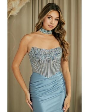 TRUEDAMES Strapless Rhinestone Corset Mini Dress With Satin Skirt - Blue