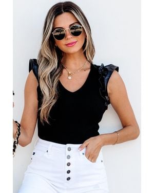 TRUEDAMES Leatherette Ruffle Patchwork Ribbed V Neck Bodysuit - Black