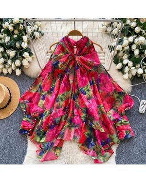 TRUEDAMES Bow Detail Floral Print Blouse Unique Loose-Fit Tunic, Slimming Statement Top - Red