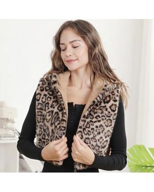TRUEDAMES Faux Fur Leopard Print Hooded Zipper Front Crop Vest - Black
