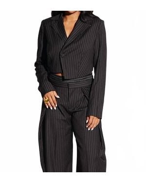Circular Path Asymmetric Crop Pinstripe Blazer - Black