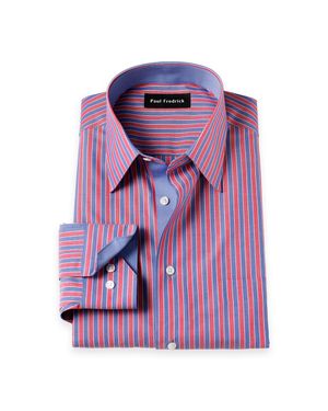 Paul Fredrick Tailored Fit Non-Iron Cotton Stripe Dress Shirt With Contrast Trim - Purple