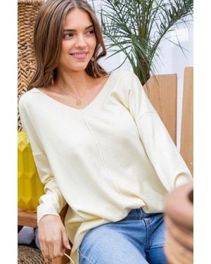 TRUEDAMES V Neck 3/4 Sleeve Side Slit Hi-Lo Sweater - Yellow