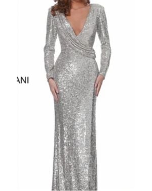Jovani Long Sleeve Sequin Fitted Evening Gown - Gray
