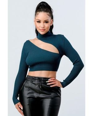 TRUEDAMES Lux Sweater Rib Cutout Mock Neck Crop Top - Blue