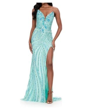 Ashley Lauren Fully Beaded Lace-Up Back Prom Dress - Blue