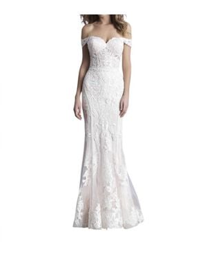 Allure Bridals Off-Shoulder Sheath Lace Wedding Dress - White