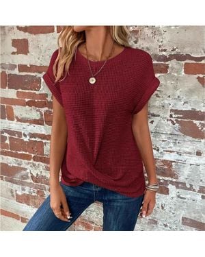 TRUEDAMES Batwing Sleeve Twist Hem Waffle Knit Tee - Red