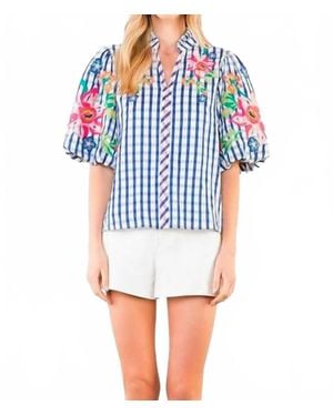 Thml Puff Sleeve Embroidery Textured Top - Blue