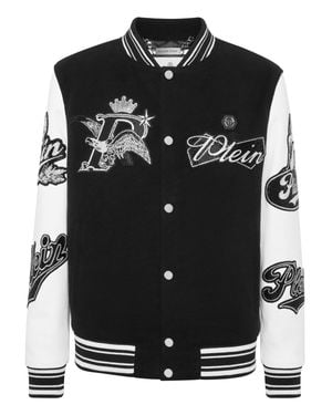 Philipp Plein Varsity Bomber With Leather Sleeves Crystal Eagle - Black
