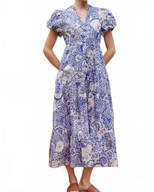 Jodifil Faye Puff Sleeve Tiered Mixed Print Midi Dress - Purple