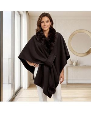 TRUEDAMES Faux Fur Collar Pom Pom Trim Wrap Cape Coat Poncho - Black