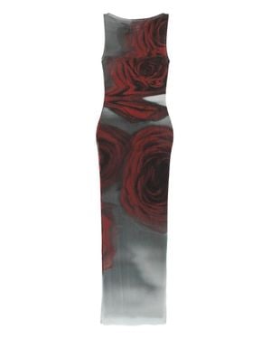 Jean Paul Gaultier Dark Blurry Roses Print Sleeveless Tulle Maxi Dress - Purple