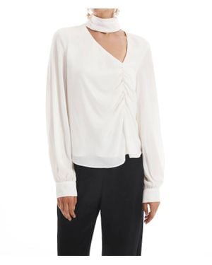 Krisa Asymmetrical Keyhole Turtleneck Blouse - White