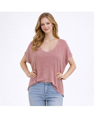 TRUEDAMES Relaxed Fit Short Sleeve Lurex Knit Top - Red