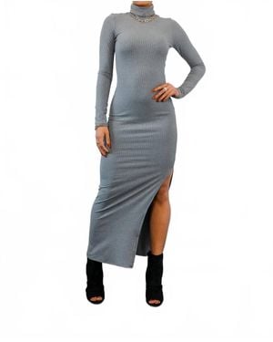 SurelyMine Turtle Neck Maxi Rib Dress With Side Slit - Blue