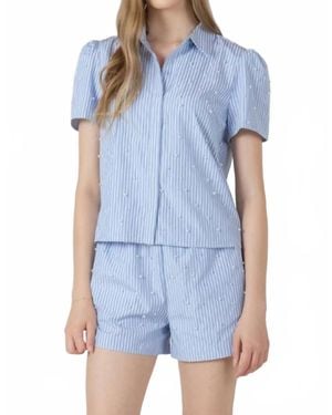 Dex Seaside Pearl Puff Sleeve Blouse - Blue