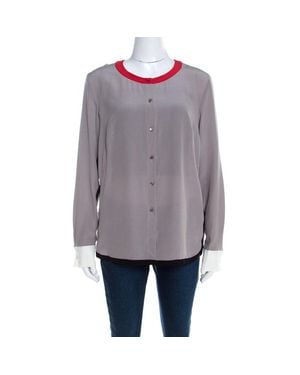 ESCADA Pewter Silk Contrast Trim Long Sleeve Nendi Blouse - Gray