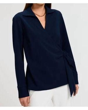 Foxcroft Rosie Knit Crepe Wrap Long Sleeve Shirt - Blue