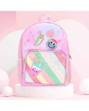 Fashnzfab Smile Heart Shooting Star Patch Decorative Deluxe Backpack With A Fun Boba Keychain - Pink