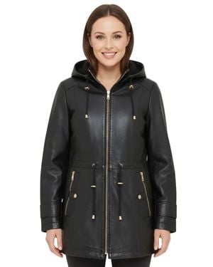 Infinity Leather Leather Parka Removable Borg Hooded Trench Coat - Black