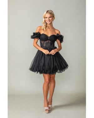 DQ Puff Sleeve Short Tulle Dress With Embroidered Bodice And Scalloped Hem - Gray