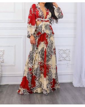 SurelyMine Fantasy Ruffles Cut Out Laced Back Maxi Dress - Red
