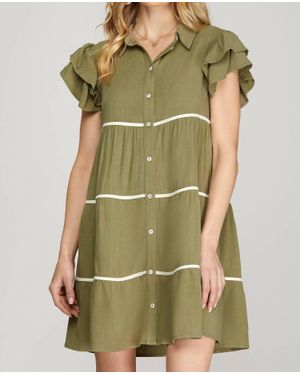 She + Sky Ruffle Sleeve Woven Tiered Button Down Dress - Green