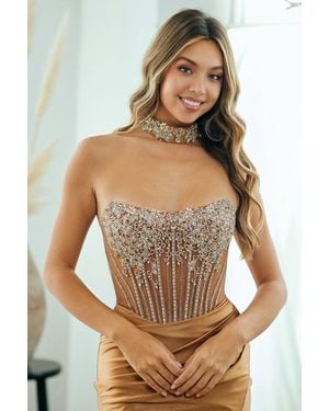 TRUEDAMES Strapless Rhinestone Corset Mini Dress With Satin Skirt - Brown