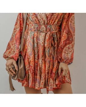 Legend or Lies Boho Paisley Pleated Belted Dress - Brown