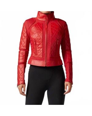 BLANC NOIR Classic Leather Mesh Moto Jacket - Red