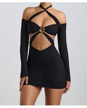 Oh Polly Kemina Off-Shoulder Ruched Cut-Out Mini Dress - Black