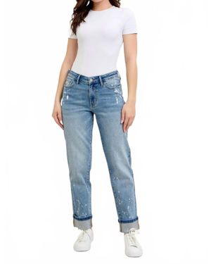 Judy Blue Mid Rise Cuffed Boyfriend Jeans - Blue
