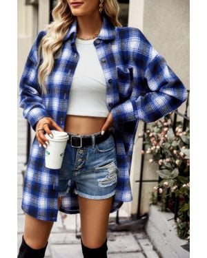 Fashnzfab Plaid Single Pocket Button Down Loose Outerwear - Blue