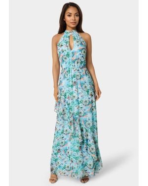 Bebe Printed Chiffon Halter Ruffle Dress - Blue