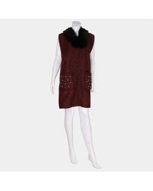 TRUEDAMES Pearl Embellished Pockets Detail Faux Fur Collar Vest - Red
