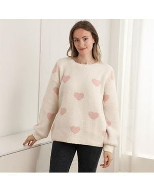 TRUEDAMES Heart Pattern Crew Neck Sweater - Natural