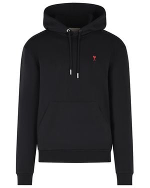 Ami Paris Cotton Hoodie With Drawstring And Pouch Pocket - Black