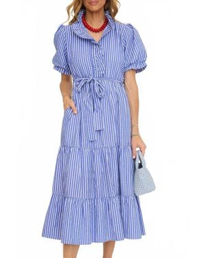 Jodifil Ruffle Detail Tiered Stripe Midi Dress - Blue