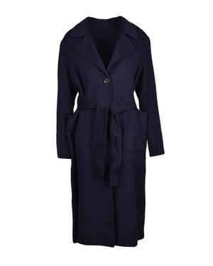 Add Long Wool Cashmere Coat With Defined Waist And Classic Collar - Blue