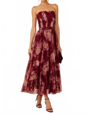 Hutch Graphic Romantic Floral Pleated Strapless Midi Dress - Red