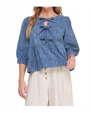 Allie Rose Giselle Textured 3/4 Sleeve Ribbon Blouse - Blue